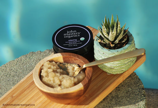 Relaxing lavender & palmarosa body scrub for smooth, silky skin